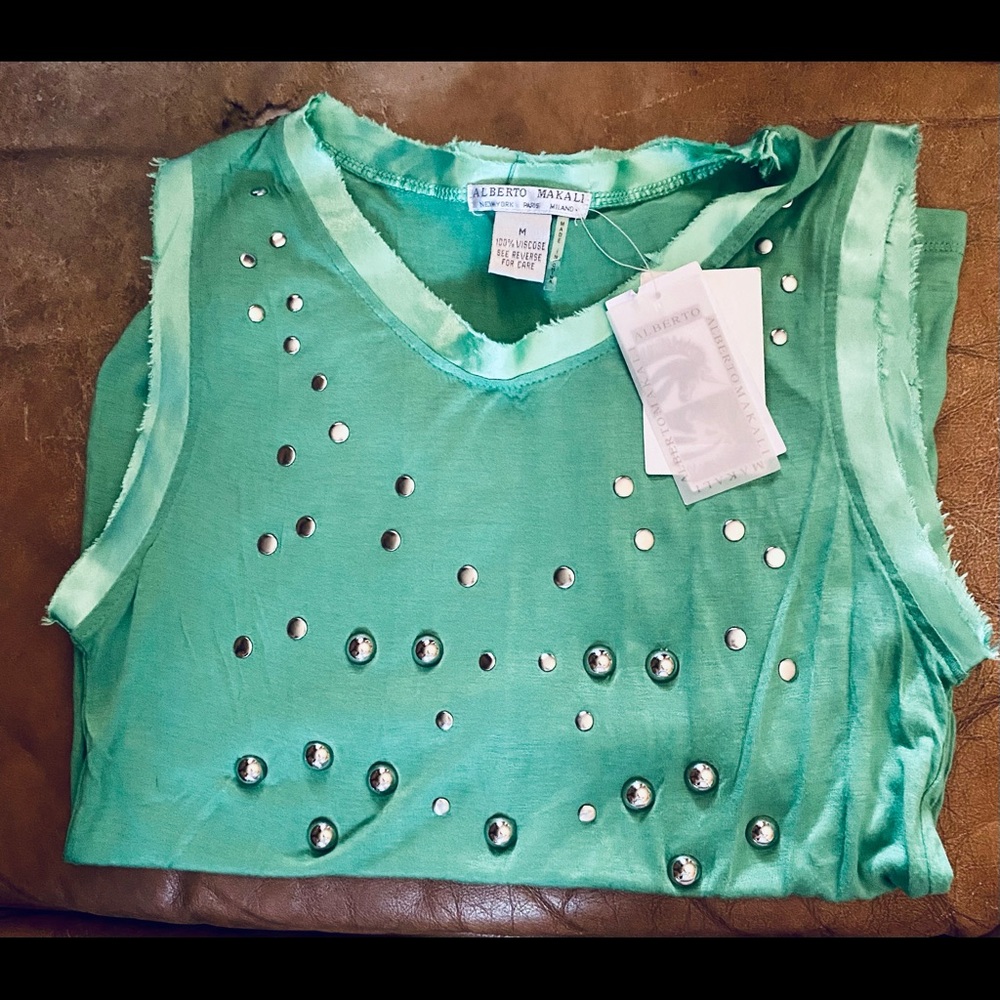 Alberto Makali emerald green distressed ribbon edge  studded tank top
